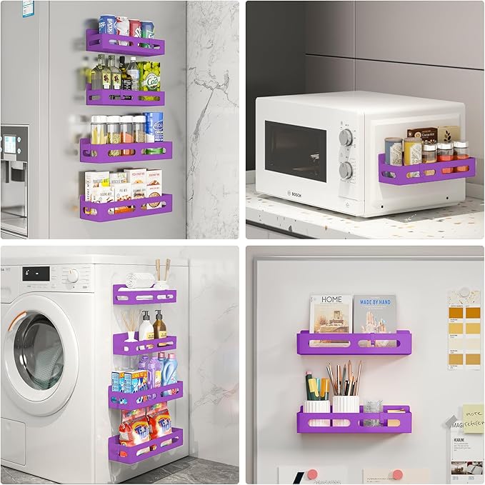 4 Pack Magnetic Spice Rack for Refrigerator, Spice Rack Organizer, Moveable Magnetic Shelf Fridge Organizer with 4 Hooks for Kitchen and Oven Organization, Black, Purple