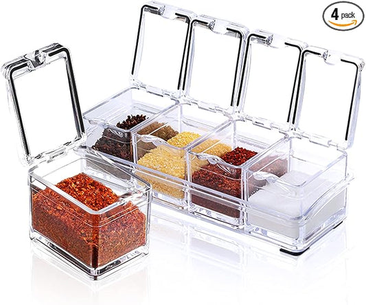 ZGWJ Acrylic Kitchen Spice Pots, 4 Piece Clear Seasoning Box Set, Storage Container Condiment Jars for Spice Salt Sugar Cruet, Seasoning Rack Spice Pots with Cover and Spoon