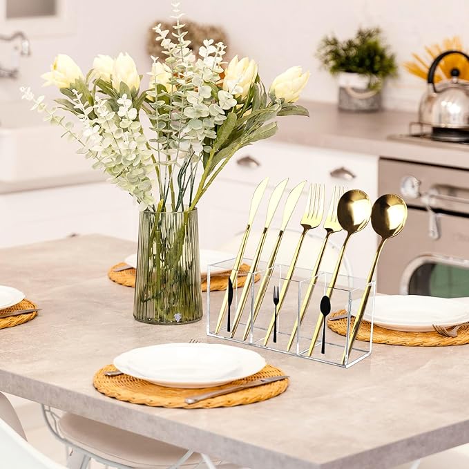 Clear Acrylic Cutlery Storage Organizer, Transparent Silverware Caddy 3 Section Tableware Plastic Holder for Kitchen Indoor Outdoor Decoration Supplies