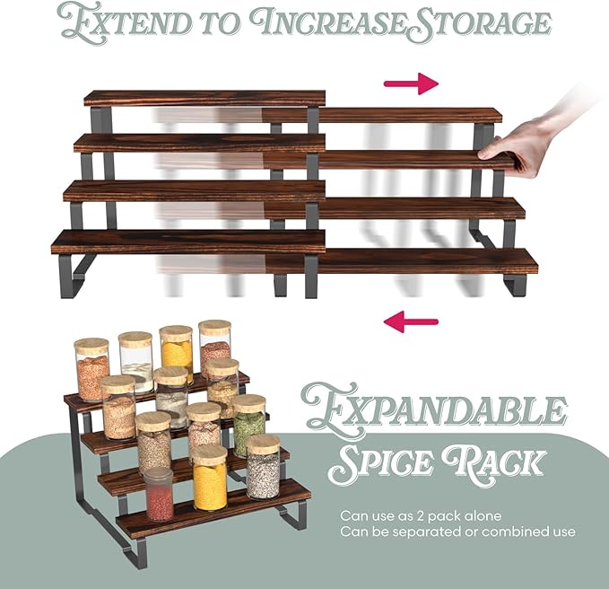 4 Tier Expandable Spice Rack Organizer (13.8” to 26”) Display Riser Stand, Kitchen Cabinet Countertop Pantry Coffee Bar Display Shelf for Spice, Liquor, Figure (2Pack-4Tier-Rustic Brown)