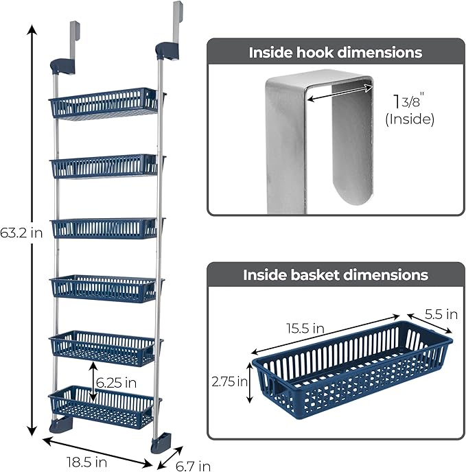 Smart Design Over-The-Door Organizer for Storage – Perfect for Pantry Organization, Bedroom, Bathroom Storage, Playroom, or Kitchen - Adjustable Steel Frame with 6 Baskets & Wall Mount – Blue …