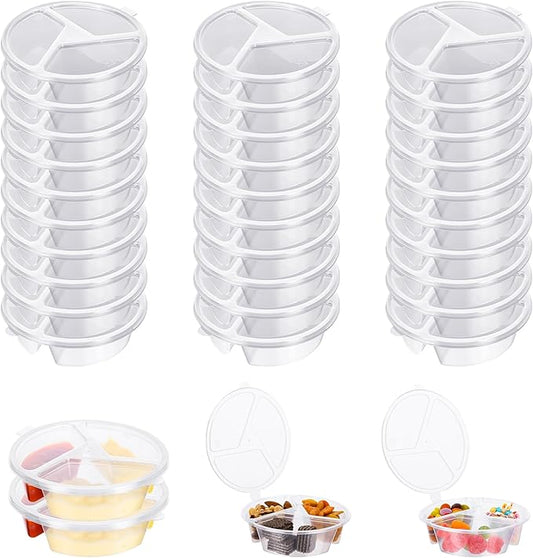 30PCS 3 Compartment Snack Container with Lids, 5 oz Disposable Plastic Mini Sauce Cups, Compartment Snack Box, Grab and Go Snack Containers Reusable for Salsa (30, 3 Compartment)