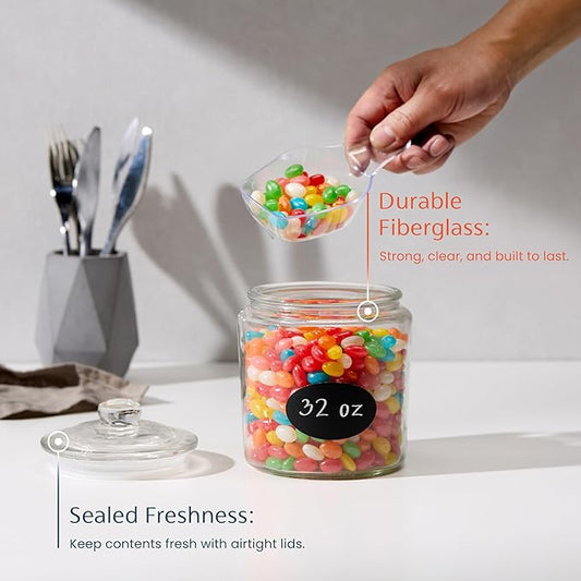 KooK Glass Storage Jars with Lids - 32oz (Set of 2), Kitchen Canisters for Sugar, Cookies, Cotton Balls, Glass Containers with Chalkboard Labels and Airtight Lid