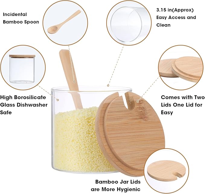 Zubebe 8 Pcs 10 oz Clear Glass Seasoning Jar with Wooden Lid and Spoon Adorable Sugar Condiment Jar Canisters Pot Set Bath Salt Sugar Storage Container Box for Home Cafe Kitchen