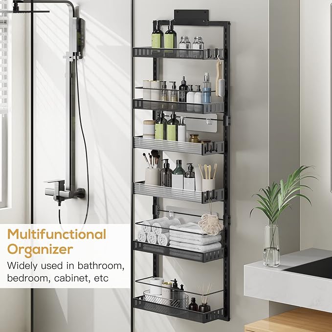 Over the Door Pantry Organizer, 6-Tier Large Wall Mounted Storage Spice Rack, 2 in 1 Heavy-Duty Metal Adjustable Hanging Baskets for Pantry, Bedroom, Bathroom, Living Room, Kitchen