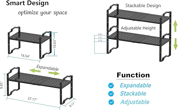 Expandable Shelf for Cabinet Organizer Adjustable Stackable Spice Rack at Kitchen and Bathroom More, Counter Countertop Cupboard Organization Pantry Storage (2 Packs/Black, Medium)