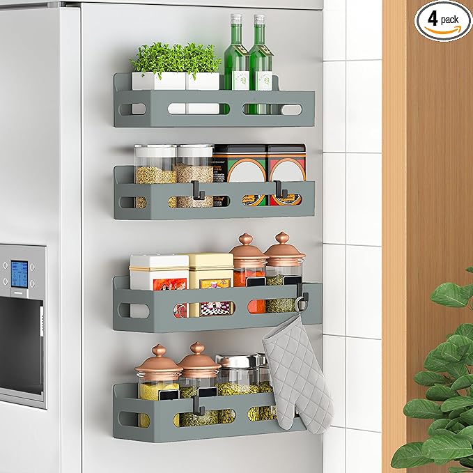 4 Pack Magnetic Spice Rack for Refrigerator, Spice Rack Organizer, Moveable Magnetic Shelf Fridge Organizer with 4 Hooks for Kitchen and Oven Organization, Grey