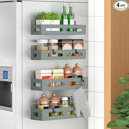 4 Pack Magnetic Spice Rack for Refrigerator, Spice Rack Organizer, Moveable Magnetic Shelf Fridge Organizer with 4 Hooks for Kitchen and Oven Organization, Grey