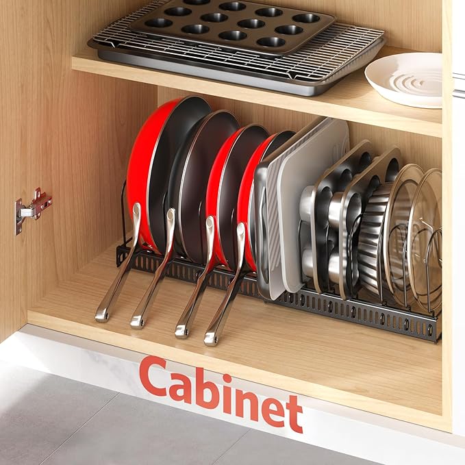 ORDORA Pots and Pans Organizer under Cabinet with Pan Holder: Expandable 11.8"-22.8" Kitchen Cabinet Organizer Rack, 12 Adjustable Dividers Storage for Cookie Sheets, Cutting Boards & Heavy Cookware