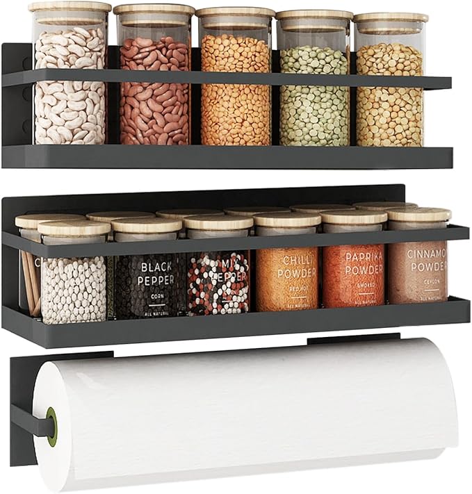 Magnetic Spice Rack For Refrigerator Magnetic Fridge Shelf For Kitchen Spice Organizer Magnetic Shelf For Fridge Space Saving Black 2 Pack With Magnetic Paper Towel Holder