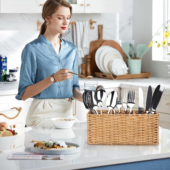 Ayiaren Wicker Flatware Silverware Caddies Cutlery Holder Best Kitchen Silverware Organizer Storage for Countertop Silverware Utensils Holder Party Spoon Knives Fork Holder Flatware Utensil Caddy