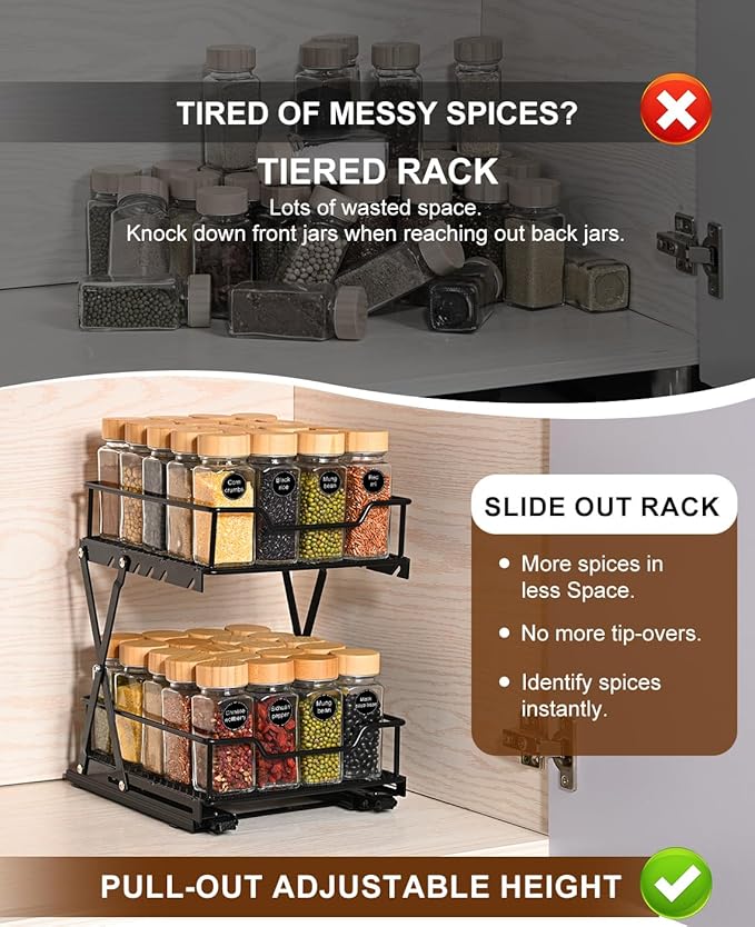 Sliding Spice Rack Organizer for Cabinet, 2-Tier Spice Cabinet Pull Out Rack, Adjustable Height Kitchen Sliding Racks for Cabinets, 6.2”-11.8”H × 8.2”W x 9.8”D