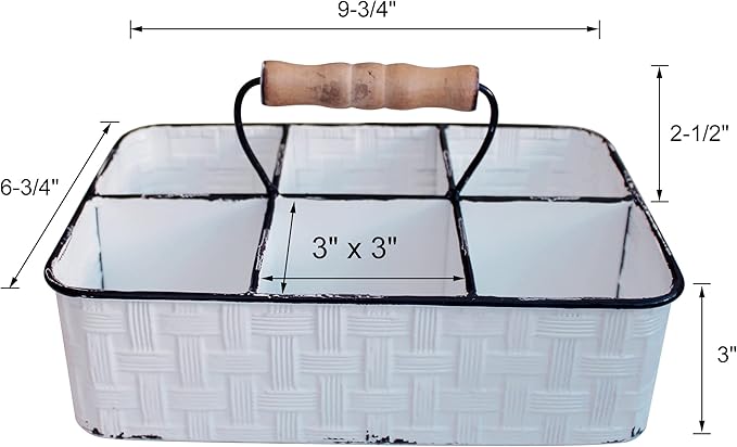 CVHOMEDECO. Rustic Distressed Metal Table Caddy, Bottles holder, Tabletop Organizer, Enamel Finish with Wood handle and 6 Compartments, White