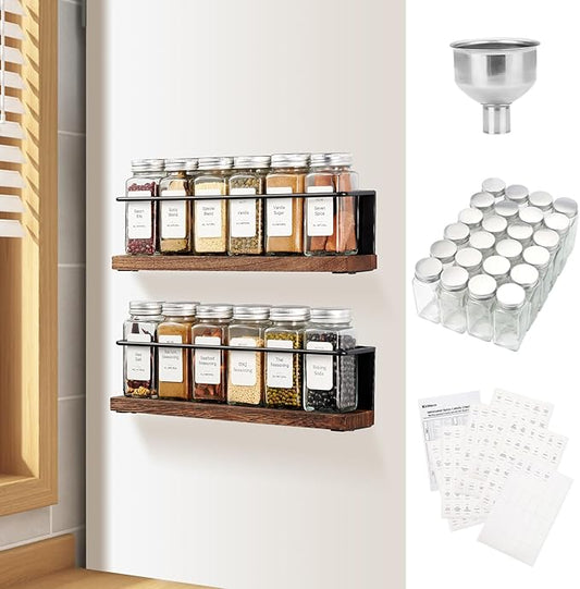 Magnetic Spice Rack Organizer with 12 Jars, 216 Labels, 1 Steel Funnel for Refrigerator，Microwave Oven - Full Set of Seasoning Organizer, Kitchen Gadgets