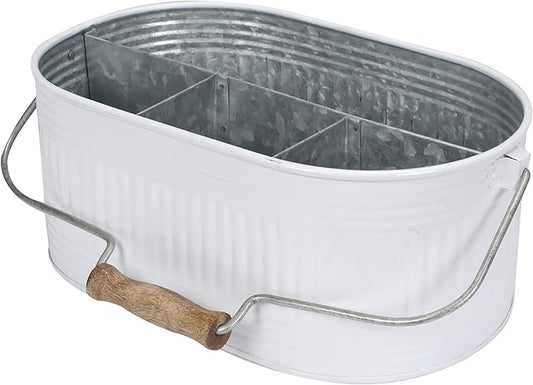 CLEENTABLE Galvanized Utensil Caddy – Rustic Farmhouse Chic Multi-Compartment Organizer for Kitchen, Parties & Picnics (13.5" L x 10" W x 5.5" H)