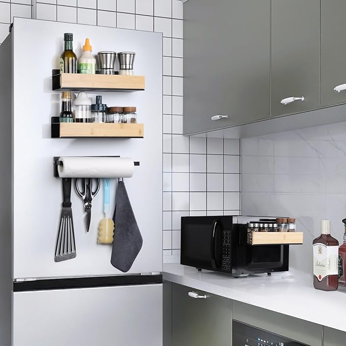 OTraki 4 Pack Strong Magnetic Spice Rack for Refrigerator Wood & Metal Magnetic Shelf for Fridge Spice Storage Rack Kitchen Cabinet Organizers Seasoning Storage Paper Towel Holder with 5-Hook Rack