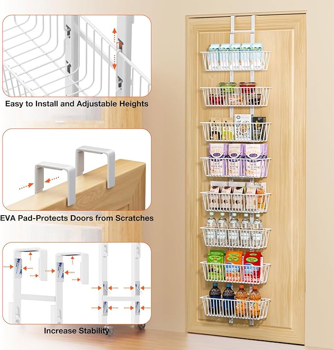 8 Tier Over the Door Pantry Organizer, Over the Door Spice Rack with Adjustable Baskets, Metal Hanging Door Pantry Organizers and Storage for Kitchen Bathroom Bedroom, White