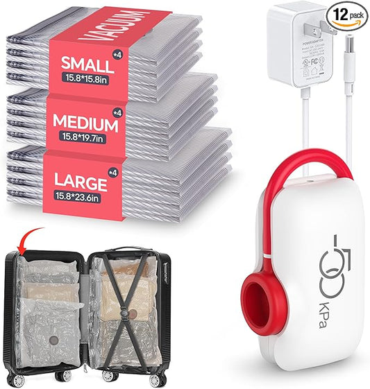VMstr Travel Vacuum Storage Bags with Electric Pump (D/C Powered), 12 Pack Space-Saving Compression Bags for Clothes and Luggage Packing, Carry-on Travel Size