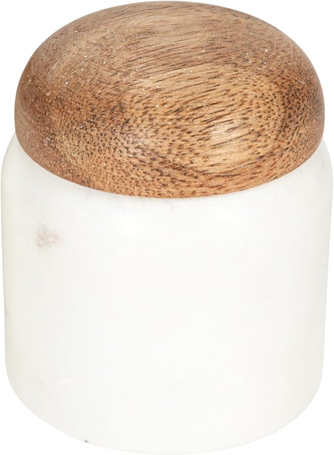 Creative Co-Op Marble and Mango Wood Pinch Pot with Lid, White and Natural