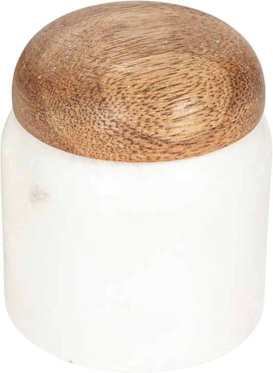 Creative Co-Op Marble and Mango Wood Pinch Pot with Lid, White and Natural