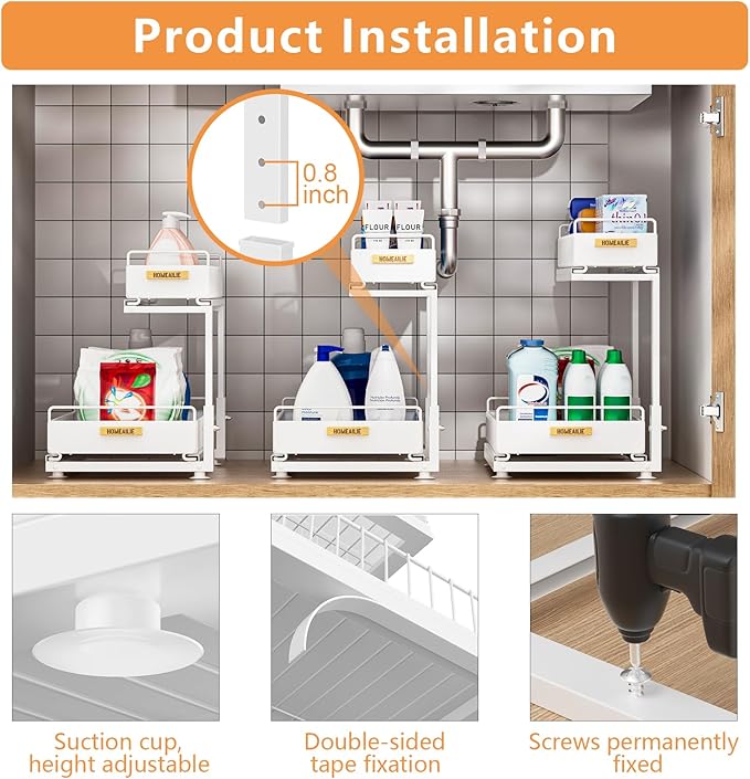 Under Sink Organizer, High Adjustable 2 Tier Under Kitchen Sink Organizer, Multi-Purpose Storage Shelf for Kitchen Bathroom Cabinet, White