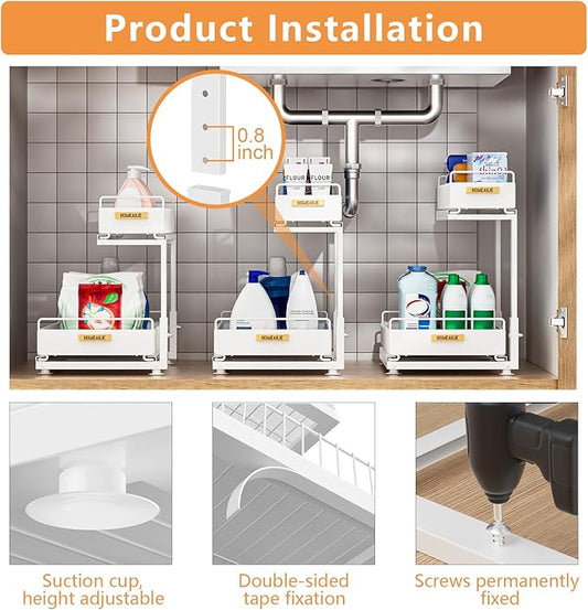 Under Sink Organizer, High Adjustable 2 Tier Under Kitchen Sink Organizer, Multi-Purpose Storage Shelf for Kitchen Bathroom Cabinet, White