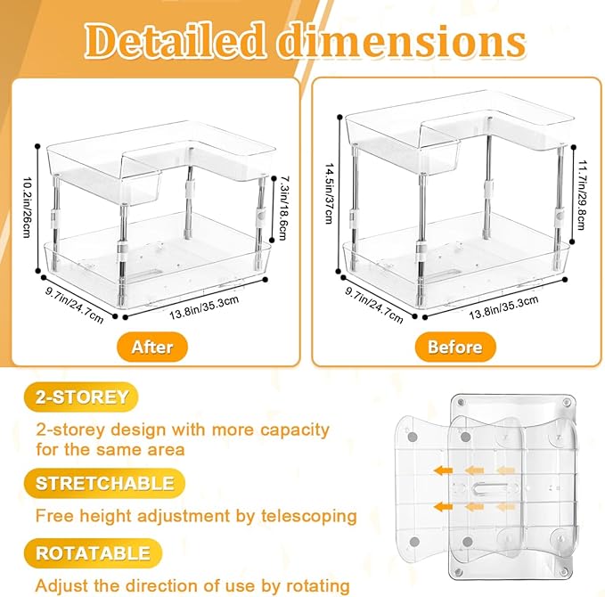 2 Pack Lazy Susan Turntable Organizer 2 Tier, 360° Rotating Condiment Organizer, Refrigerator Organizers and Storage for Cabinet, Kitchen, Countertop, Bathroom, Vanity, Non-Slip Base, Clear