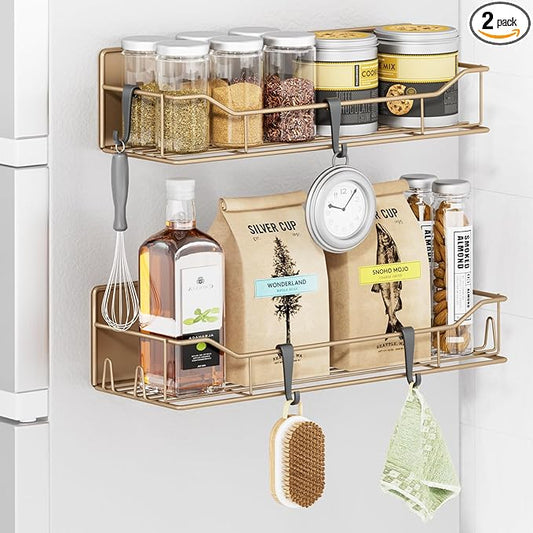 Magnetic Spice Rack for Refrigerator, 2 Pack Strong Magnet Spice Organizer Shelves with Hooks, Magnetic Fridge Shelf for Kitchen Organization and Storage, Seasoning Organizer Gadgets (Brown)