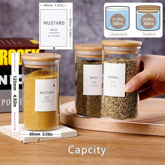 12 Pcs Glass Spice Jars With Bamboo Airtight Lids 8oz Thicken(2.4mm) Spice Containers With 148 Minimalist Preprinted Waterproof Spice Labels Kitchen Empty Small Storage Jars For Seasoning, Herb