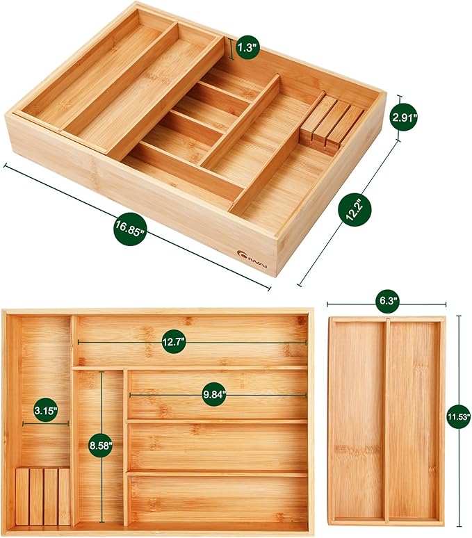 Double layer Bamboo Kitchen Drawer Organizer, Utensil Silverware Organizer, Cutlery Tray, With Slidable & Removable Utensil Tray, With Knife Holder, Flatware Organizer,Multi-use storage box