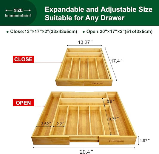 Expandable Drawer Organizer for Silverware Flatware Knives, Kitchen Utensil Organizer, Utensil Holder, Bamboo Wood Cutlery Tray in Drawer for Spoons Forks