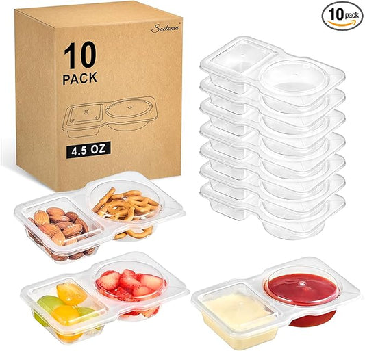 10 Pack Small Snack Pack Containers, 4.5 oz Reusable Plastic Double Compartment Condiment Containers with Lids for Dipping Sauce, Travel Snacks, Meal Prep