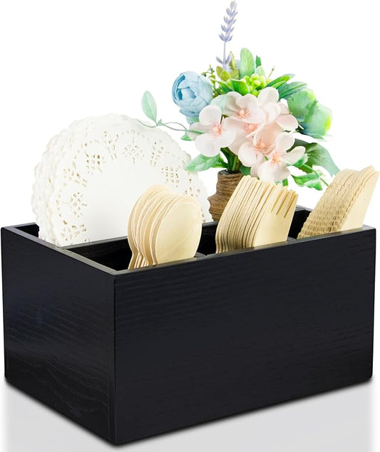Utensil Caddy for Party - Black Wooden Silverware Holder with 4 Compartments for Plate, Cup, Fork, Spoon, Napkin - Paper Plate Organizer for Countertop - Cutlery Holder for Kitchen Camping Buffet