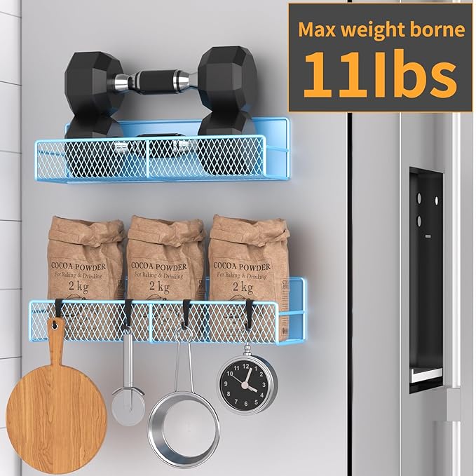 Magnetic Spice Rack for Refrigerator, 2 Pack Metal Magnetic Shelf Blue, Moveable Spice Organizer with Hooks, Super Magnetic Fridge Shelf for Kitchen Organization and Storage