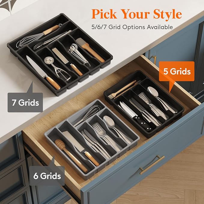 Lifewit Silverware Drawer Organizer Tray, Plastic Cutlery Storage for Kitchen Drawer, Flatware and Utensil Holder Divider for Spoons Forks Knives Tableware, 5 Compartment, Black