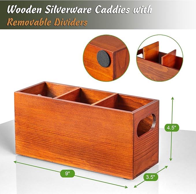 DRASTAR Silverware Caddy for Party, Wooden Flatware Cutlery Holder, Kitchen Utensil Holder for Countertop, Silverware Organizer Containers, Brown