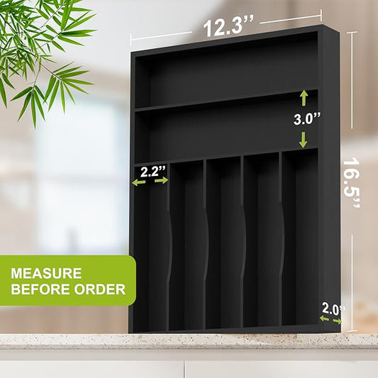 Sliverware Organizer, Bamboo Kitchen Drawer Organizer, Flatware Organizer Tray Holder for Sliverware, Utensil & Cutlery (7 Slots, Black)
