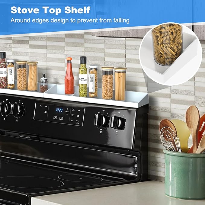 30" Magnetic Stove Top Shelf Spice Rack,2 Pack 15" Kitchen Seasoning Organizers Storage Gadgets Spice Rack Over The Stove Shelf Metal, Only for Flat Top Stove(White)