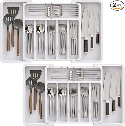 2 Pack Silverware Organizer, Expandable and Adjustable Kitchen Utensil Drawer Organizer, Plastic Cutlery Holder with Multiple Compartments,Cutlery Holder,for Spoons Forks Knives,White,UAFD012W