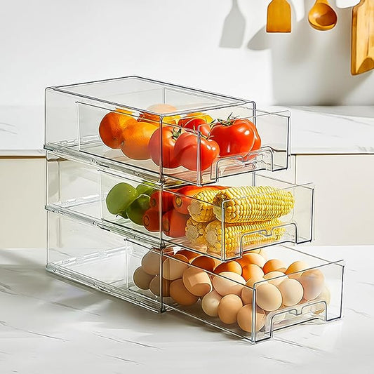 2 Pcs Refrigerator Organizer Bins Pull-Out Drawers, Clear Fridge Drawers, Stackable Fridge Organizer Drawers, Food Storage Containers for Fruit & Vegetables, for Kitchen, Freezers, Storage Rooms