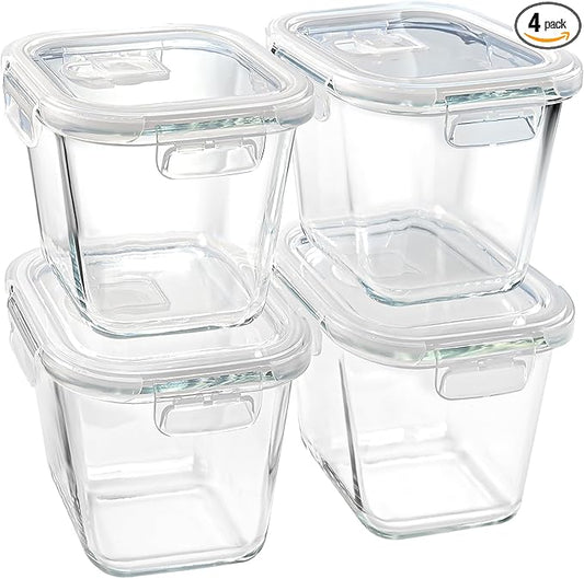 Square Glass Food Storage Containers with Lids, 4 Cup Borosilicate Glass Meal Prep Bowl, Microwave & Freezer Safe Jars, Small Soup Containers for Salad, Fruit, Lunch, Ice Cream, Travel (32 oz, 4 Pack)