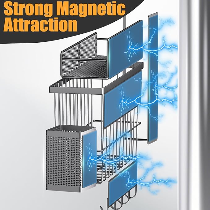 Magnetic Spice Rack for Refrigerator, 7 Pack Metal Magnetic Shelf, Moveable Magnetic Storage Fridge Organizer Grey, Spice Organizer, Hook Rack, Paper Towel Holder, Cutting Board Holder, HM5471