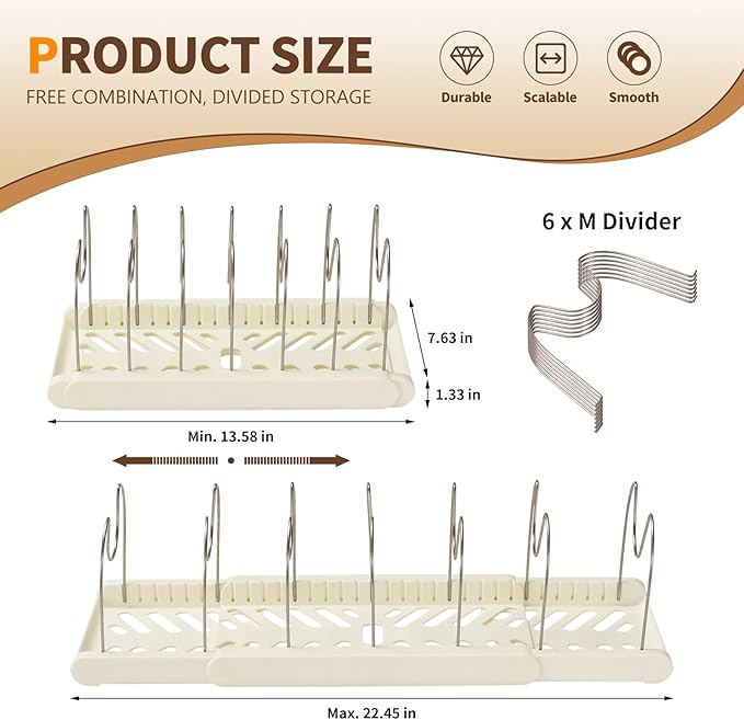Stainless Steel Adjustable Dividers Pot and Pan Organizer Rack, Expandable 12'-23.2' Wide, White, 7 Shelves, Kitchen Cabinet Organizer