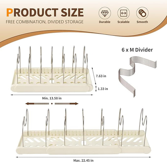 Stainless Steel Adjustable Dividers Pot and Pan Organizer Rack, Expandable 12'-23.2' Wide, White, 7 Shelves, Kitchen Cabinet Organizer