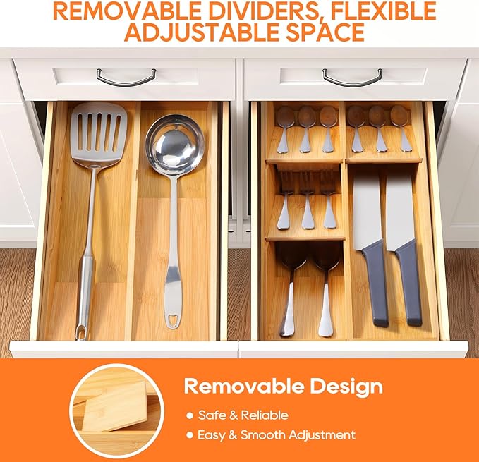 Bamboo Silverware Drawer Organizer, Removable Dividers Kitchen Utensil Drawer Organizer for Different Dimension Flatware, Spoons, Forks, Knives (Natural, 5 Slots)