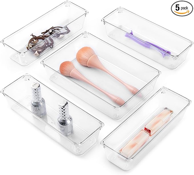 Cutlery Drawer Organizer Set, 5-Pieces Clear Plastic Utensil Storage Tray, Non-Slip Storage Bins for Kitchen Utensil, Silverware Cutlery, Makeup, Jewelry