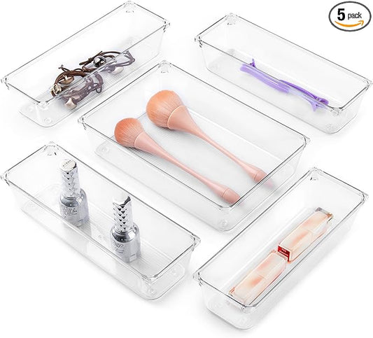 Cutlery Drawer Organizer Set, 5-Pieces Clear Plastic Utensil Storage Tray, Non-Slip Storage Bins for Kitchen Utensil, Silverware Cutlery, Makeup, Jewelry
