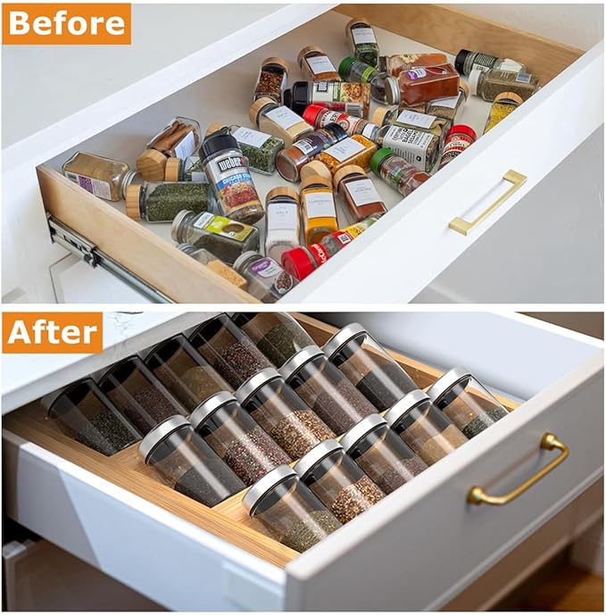 Bamboo Spice Rack Organizer for Kitchen Counter, 3 Tier Foldable Spice Shelf for Cabinet or Drawer (Jars Not Included)