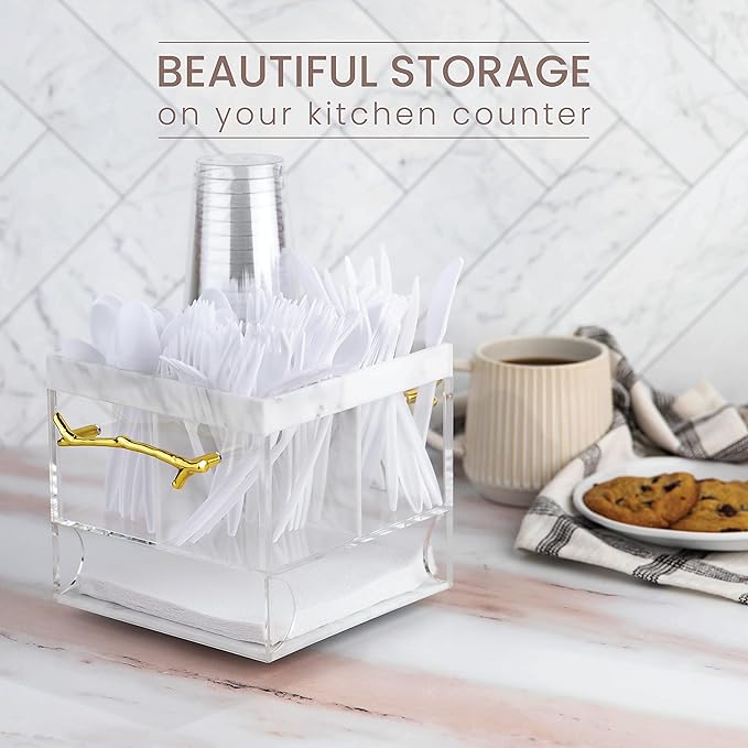 ELTOW Utensil Holder for Party, Silverware Caddy with Handle, Swivel, Lucite Acrylic Organizer for Spoons, Forks, Knives, Napkins, Elegant Cutlery Utensil Caddy