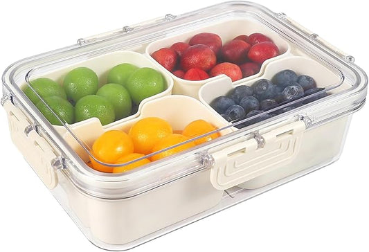Snackle Box Container, 4 Compartment Divided Serving Tray with Lid, Snack Box Container for Candy, Fruit and Snacks, Great for Gatherings, Outings, Parties and Entertaining